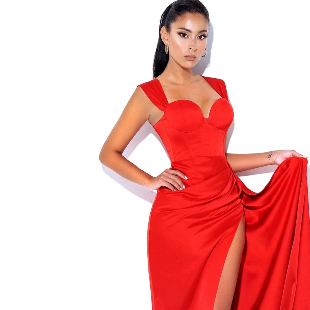 Zayda Red High Slit Corset Satin Gown